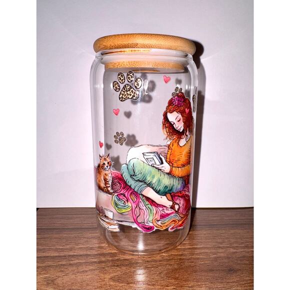 Cat Lover Glass Tumbler with Lid and Straw new - Picture 2 of 5